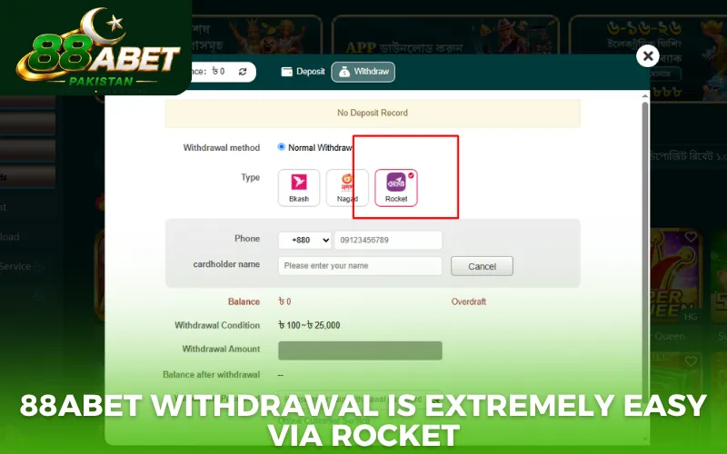 88abet withdrawal is extremely easy via Rocket